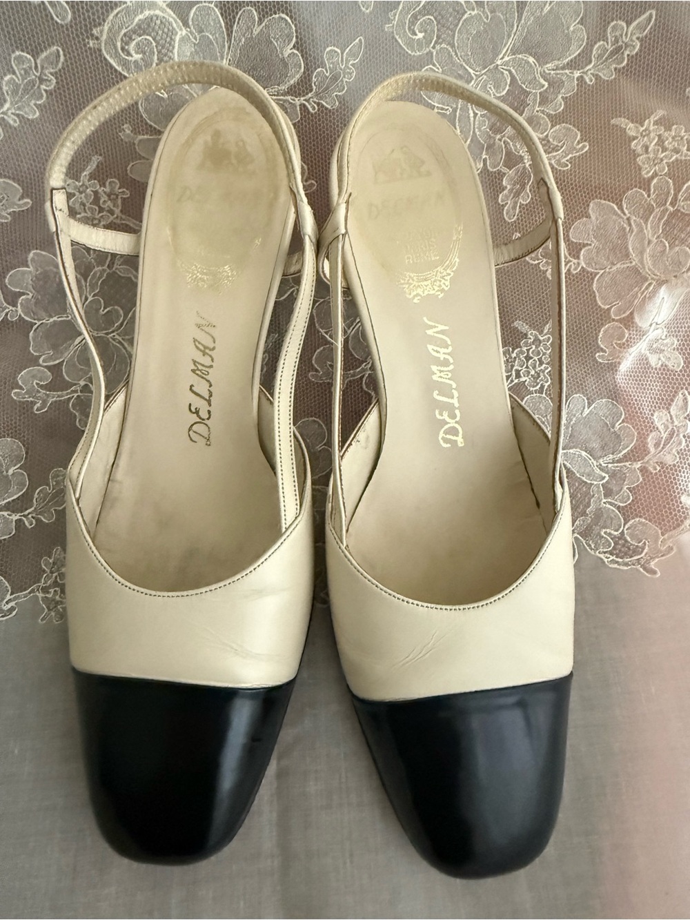Delman 7 Cream and Black Square-Toe Slingback Pumps Vintage